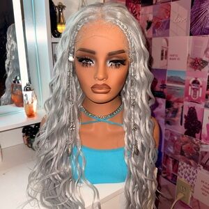 Luxury Silver Gray Braided Lace Front Wig – Long Wavy – Hair Jewelry Included –